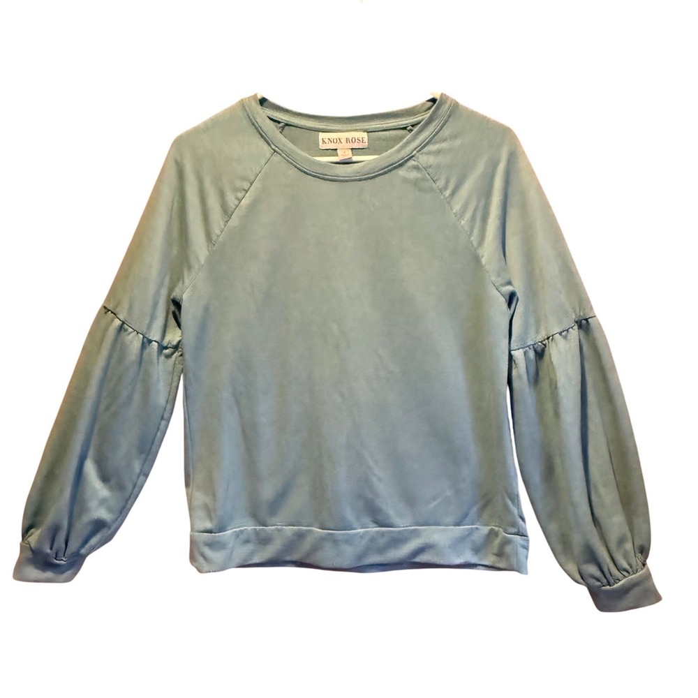 Knox Rose Women Small Blue Green Raglan Puff Sleeve Top Crew Neck Shirt